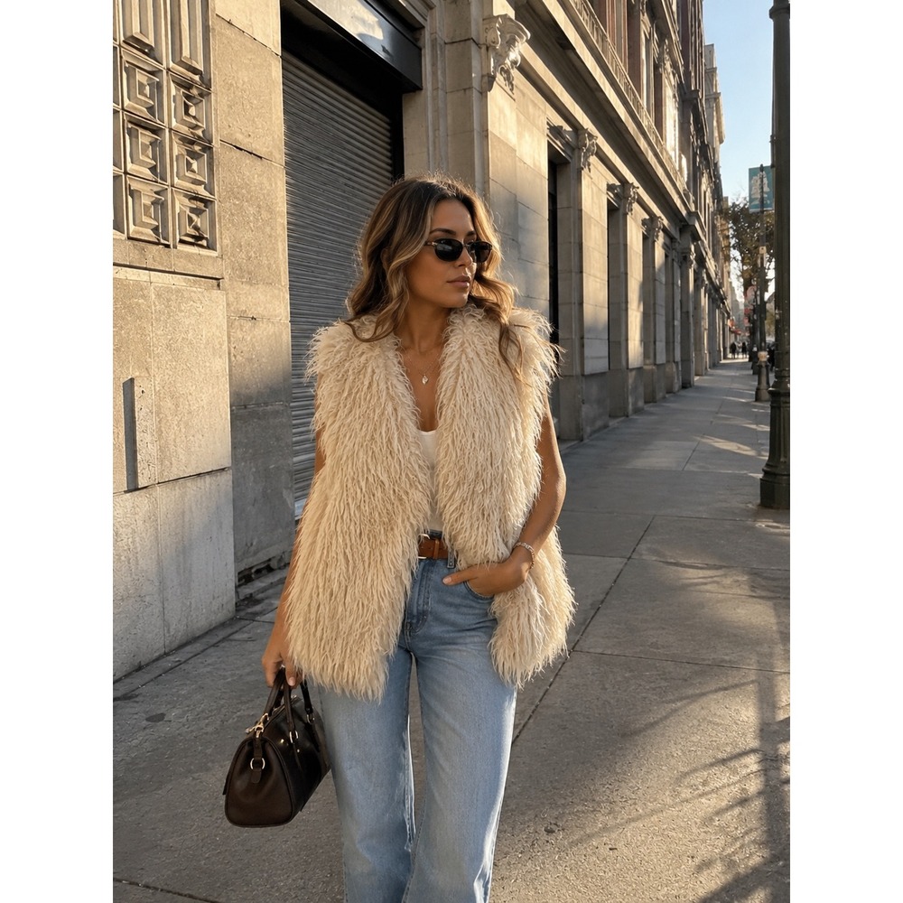 Cara New York Shaggy Faux Fur Oversized Vest Ivory M/L
